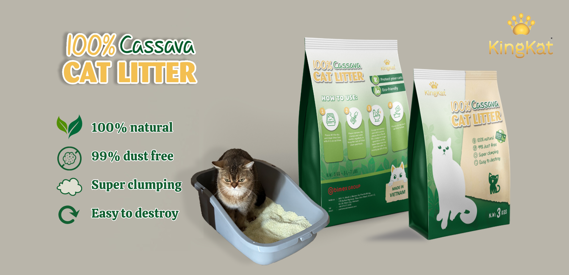 KING KAT - 100% CASSAVA CAT LITTER - ECOFRIENDLY ABIMEX GROUP 